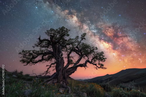An ancient tree stands defiant against a backdrop of the starry sky  symbolizing endurance through time.