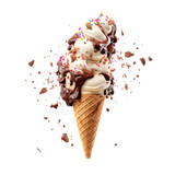 Delicious ice cream Chocolate vanilla and strawberry explosion, cut-out, Ice cream in the cone isolated on of transparent background, PNG file with clipping path.