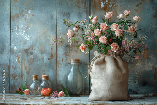 Rustic Bouquet of Pink Roses in Canvas Bag on Vintage Wooden Background © smth.design