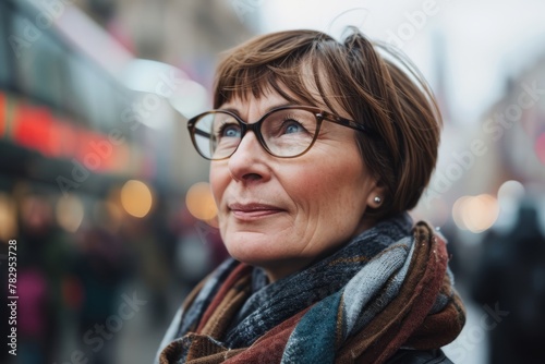 Portrait of mature woman in scarf and eyeglasses in city