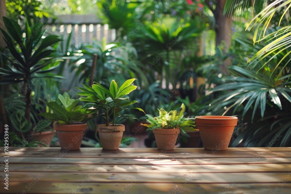 Group of potted plants on rustic wooden table, perfect for home decor Group of potted plants on rustic wooden table, perfect for home decor