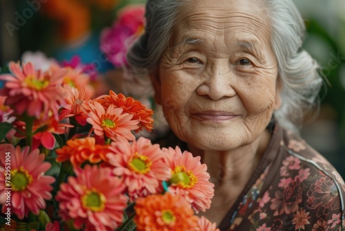 A senior woman holding a bouquet of flowers. Suitable for various occasions © Fotograf