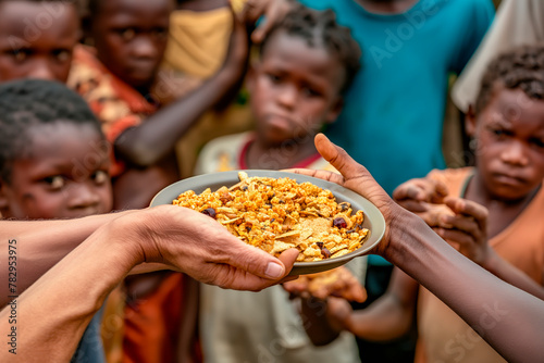Volunteers feed African children. Problems of hunger and lack of food in African countries