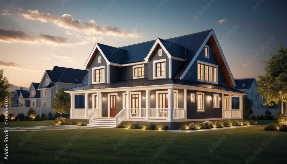 A spacious two-story home in the suburbs, captured at twilight with warm interior lights and a serene sky backdrop.. AI Generation A spacious two-story home in the suburbs, captured at twilight with warm interior lights and a serene sky backdrop.. AI Generation