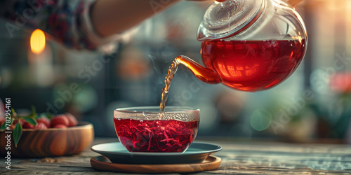 Tranquil Teatime: Pouring Herbal Tea into Glass Cup