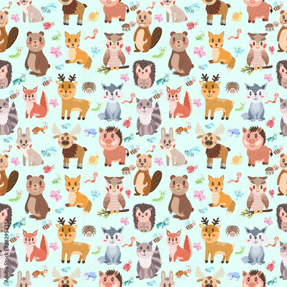Seamless pattern with different kawaii cute forest wild animals - boar, beaver, elk, hedgehog, raccoon and wolf. Cartoon nursery design Seamless pattern with different kawaii cute forest wild animals - boar, beaver, elk, hedgehog, raccoon and wolf. Cartoon nursery design