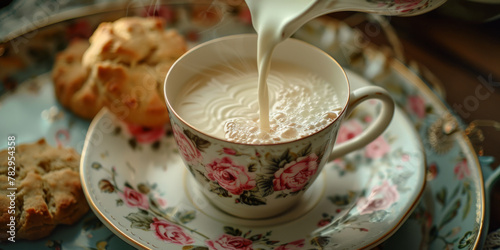 Vintage Floral Tea Cup with Pouring Cream and Fresh Scones