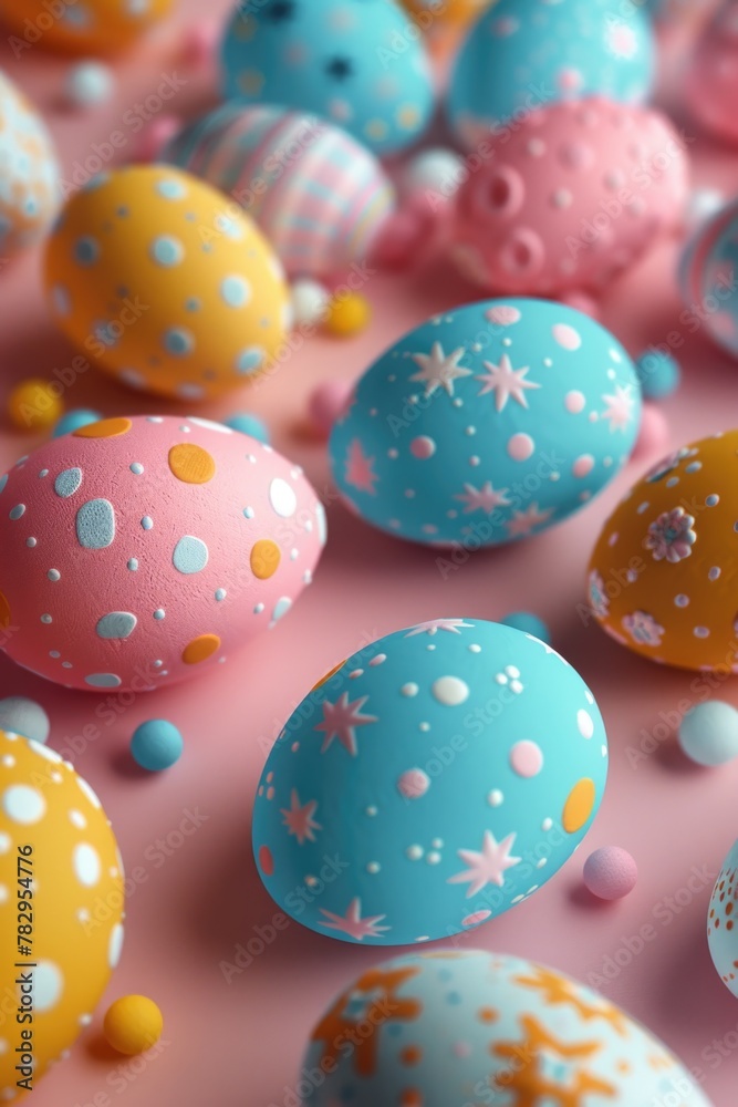 Vibrant Easter eggs displayed on a soft pink background. Perfect for Easter-themed designs