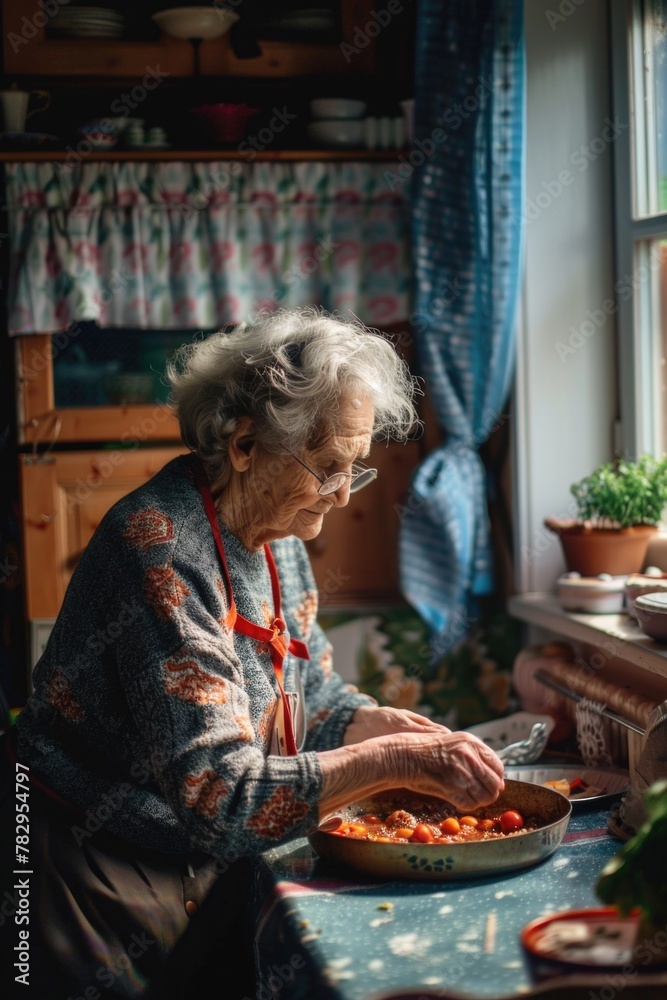 An old woman sitting at a table with a plate of food. Suitable for food and elderly lifestyle concepts An old woman sitting at a table with a plate of food. Suitable for food and elderly lifestyle concepts