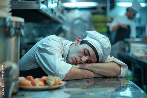 Exhausted Chef Worker Falls Asleep During Shift in Restaurant Kitchen, generative ai