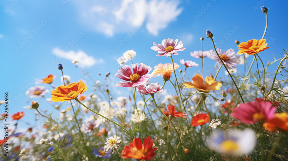 Field of flowers at sunny spring day. Generative AI	