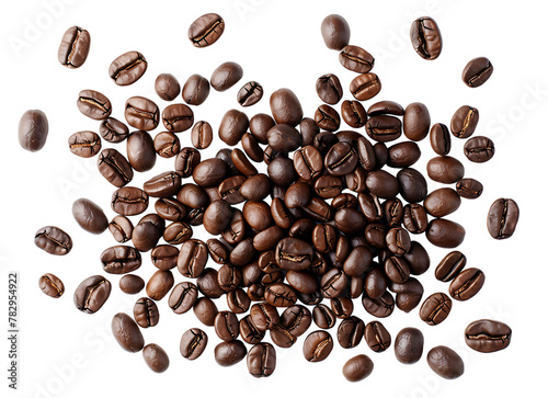 Top view of scattered coffee beans isolated on white background