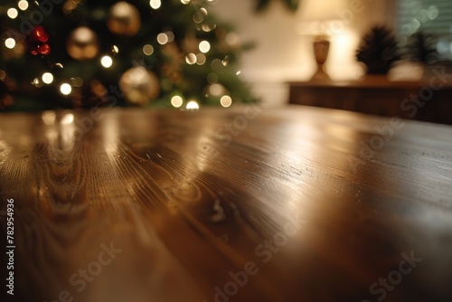 Festive Christmas tree on rustic wooden table, perfect for holiday themes