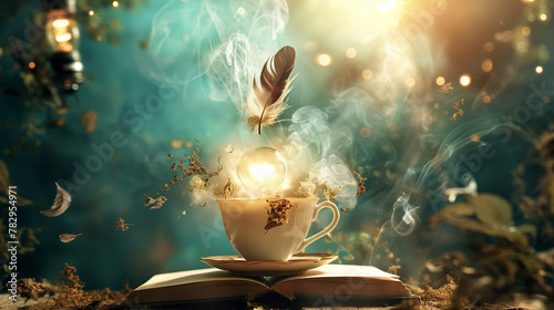 Enchanted still life composition with a magical orb, floating feather and mist, perfect for book covers and fairy tale illustrations