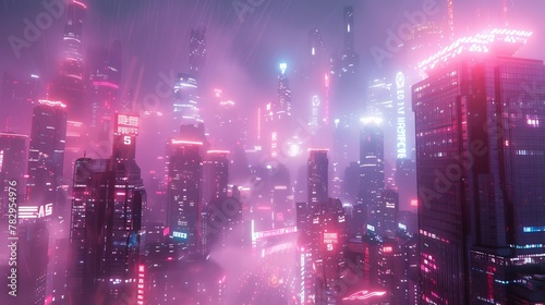 The concept of a cyberpunk city or metaverse, rendered in 3D