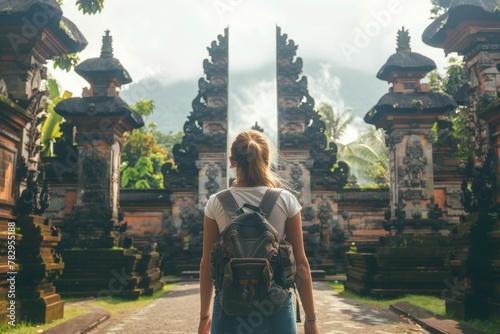 Tourist Woman Explores Hindu Temple in Bali, Indonesia, Amid Vacation Adventure with Backpack, generative ai photo