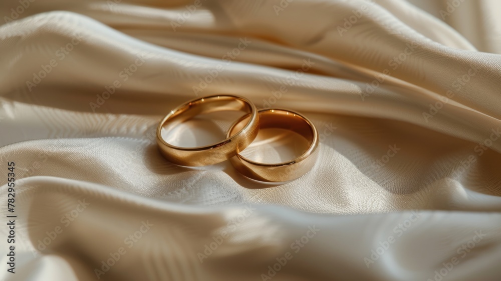 Two gold wedding rings on a white cloth, perfect for wedding concepts