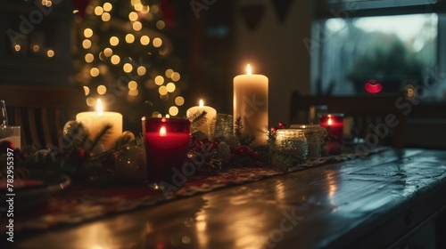 Table with candles and Christmas tree in background, perfect for holiday gatherings