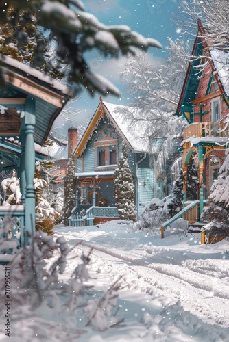 A snowy street with houses in the background. Perfect for winter and Christmas themes