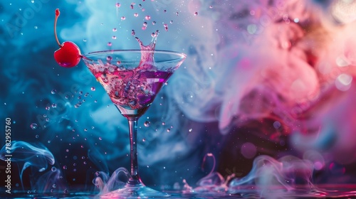 Elegant cocktail glass with a cherry garnish amidst mystical colorful smoke photo