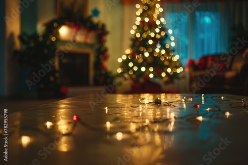 A cozy room decorated with a Christmas tree and lights, perfect for holiday season concepts