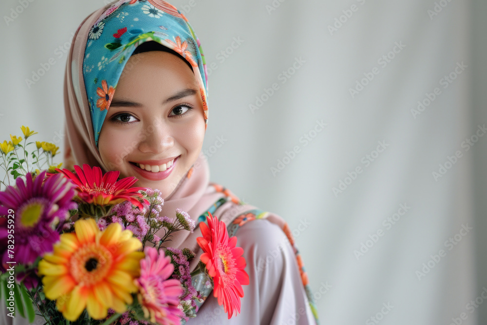 A beautiful woman holding flowers and smiling happily A beautiful woman holding flowers and smiling happily