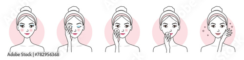 Step of cute woman remove makeup from face set vector illustration isolated on white background. Makeup remover, mascara, eyeliner, foundation, blush, lipstick and lip color with cotton pad.