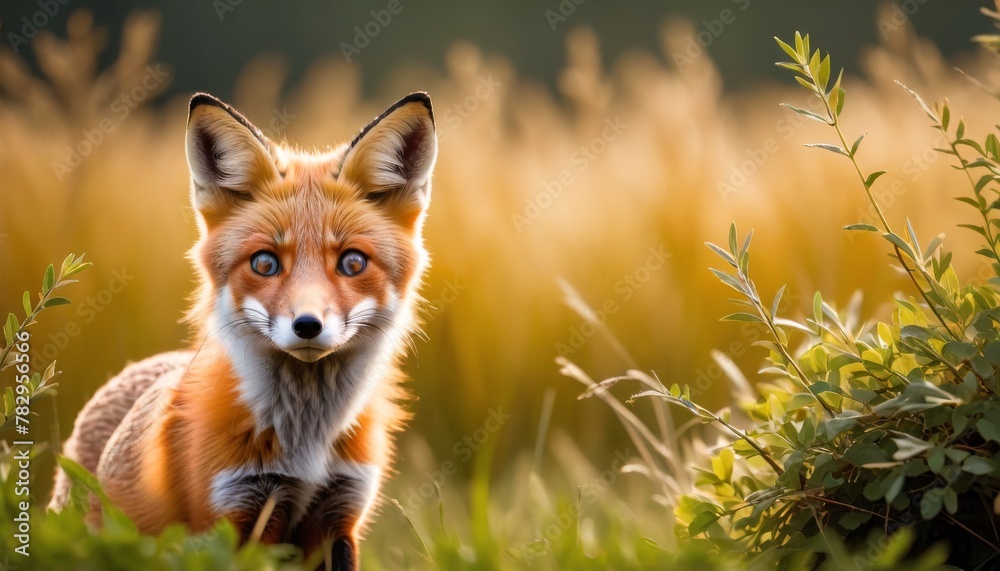 An alert red fox sits gracefully amidst a field of golden grasses, with its vivid orange fur contrasted by the soft backdrop. AI Generation