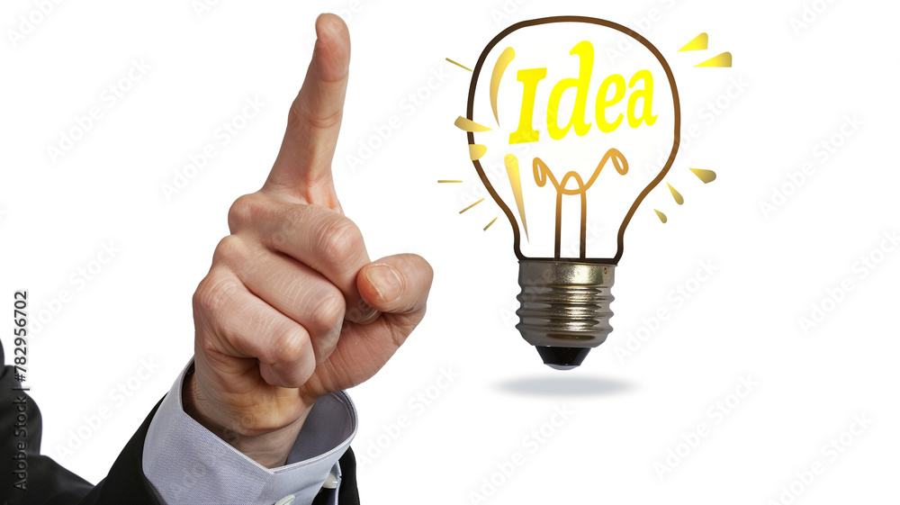 businessman with light bulb with glowing text Idea inside and hand pointing upwards isolated on white background, concept idea businessman with light bulb with glowing text Idea inside and hand pointing upwards isolated on white background, concept idea