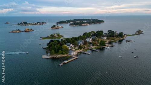 Aerial shot of the Thimble Islands in Branford, CT, USA