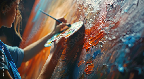 A female artist is painting on the wall, holding a paintbrush and creating abstract art with vibrant colors