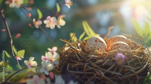 A bird's nest with three eggs, suitable for nature and wildlife themes © Fotograf