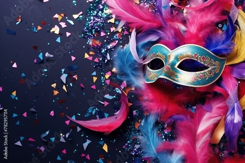 A Venetian masquerade mask with colorful feathers and confetti, creating a mood of celebration and mystery. Venetian Mask with Feathers Among Confetti
