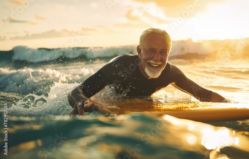 Determination shines in a surfer's posture as he paddles out into the glowing sunset waters, ready to catch the evening's final waves © AI Dev Studio