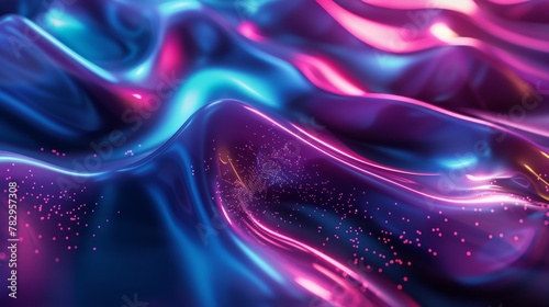 3D render of a dark holographic iridescent neon background fluid liquid glass curved wave in motion. Gradient design element for banners, wallpapers, and covers...
