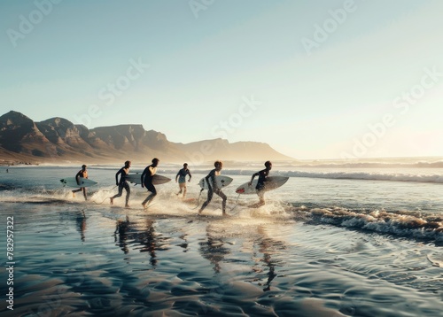 A dynamic shot capturing a group of surfers as they excitedly run into the ocean at sunset, ready to catch some waves