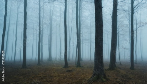 A tranquil, fog-filled forest scene with bare trees, capturing the stillness and mystery of nature.