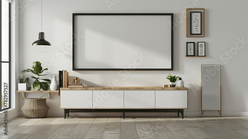 Modern mockup poster frame in black in a living room interior with a white cabinet and wooden shelf
