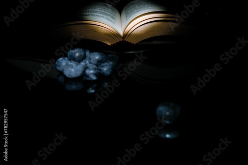 Closeup of light on an open book, blueberries around on the dark background