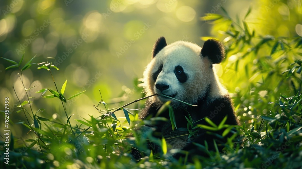 Peaceful Panda Munch Amidst Lush Bamboo Forest Scenery in Natural Habitat Peaceful Panda Munch Amidst Lush Bamboo Forest Scenery in Natural Habitat