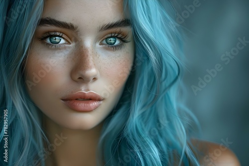 Serene Beauty with Blue Locks - Minimalist Elegance. Concept Portrait Photography, Blue Hair, Minimalist Style, Serene Vibes, Elegant Fashion