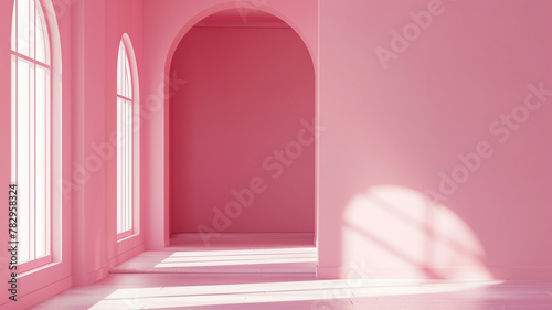 Simple pink room interior walls and floors Background empty place © Yuwarin