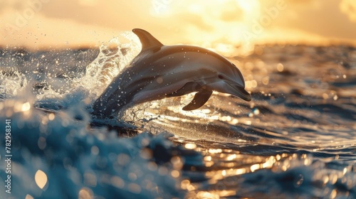 Joyful Dolphin Leaping Through Radiant Ocean Waves at Sunset © Intelligent Horizons