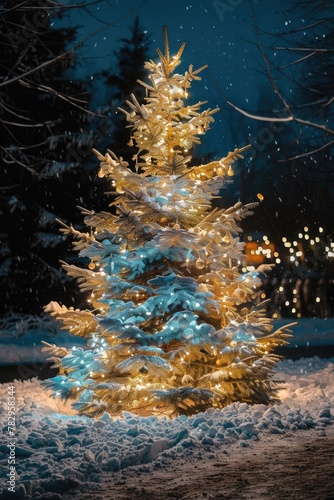 A beautiful Christmas tree glowing in the snowy night. Perfect for holiday designs