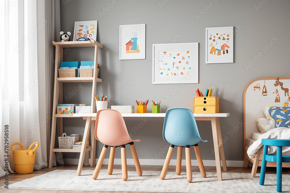 Fototapeta premium modern children's room with set of chairs and table for work and study, interior design concept