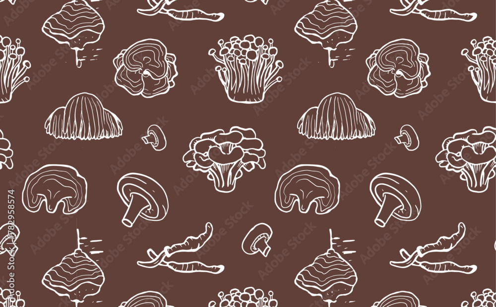 Seamless pattern of hand drawn medicinal mushrooms on brown background. Chaga, reishi, shitaki, cordyceps, turkey tail and lions mane mushroom illustration.