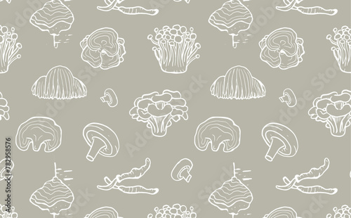 Seamless pattern of hand drawn medicinal mushrooms on grey background. Chaga, reishi, shitaki, cordyceps, turkey tail and lions mane mushroom illustration.