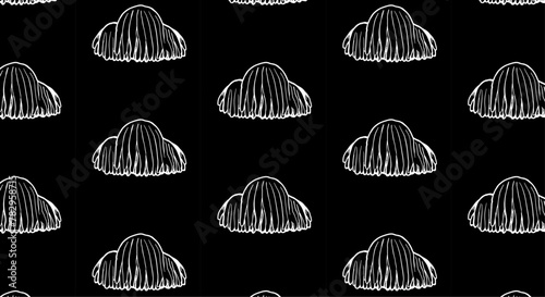 Lion mane mushroom seamless pattern on black background. Hand drawn illustration. Edible mushrooms wallpaper.