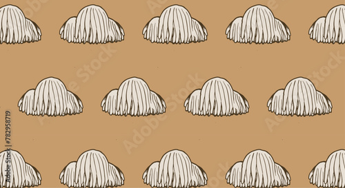Lion mane mushroom seamless pattern on brown background. Hand drawn illustration. Edible mushrooms wallpaper.