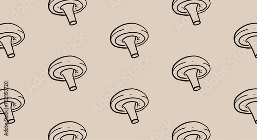 Shiitake mushroom seamless pattern on beige  background. Hand drawn illustration. Edible mushrooms wallpaper.